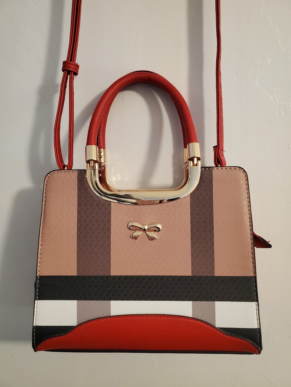 Striped Bow Crossbody Handbag - Gold Accents
